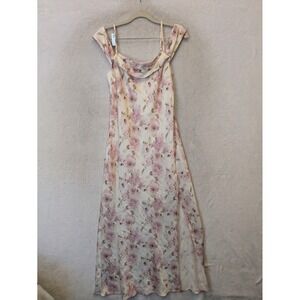 Storia Floral Maxi Satin Dress Women's Small Cream Pink Cowl Neck Slit